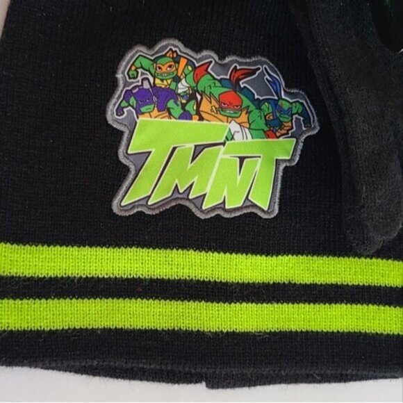 Boys Ninja Turtles Black Green Warm Fall Winter Beanie Toque Hat + Gloves Set - Picture 3 of 8